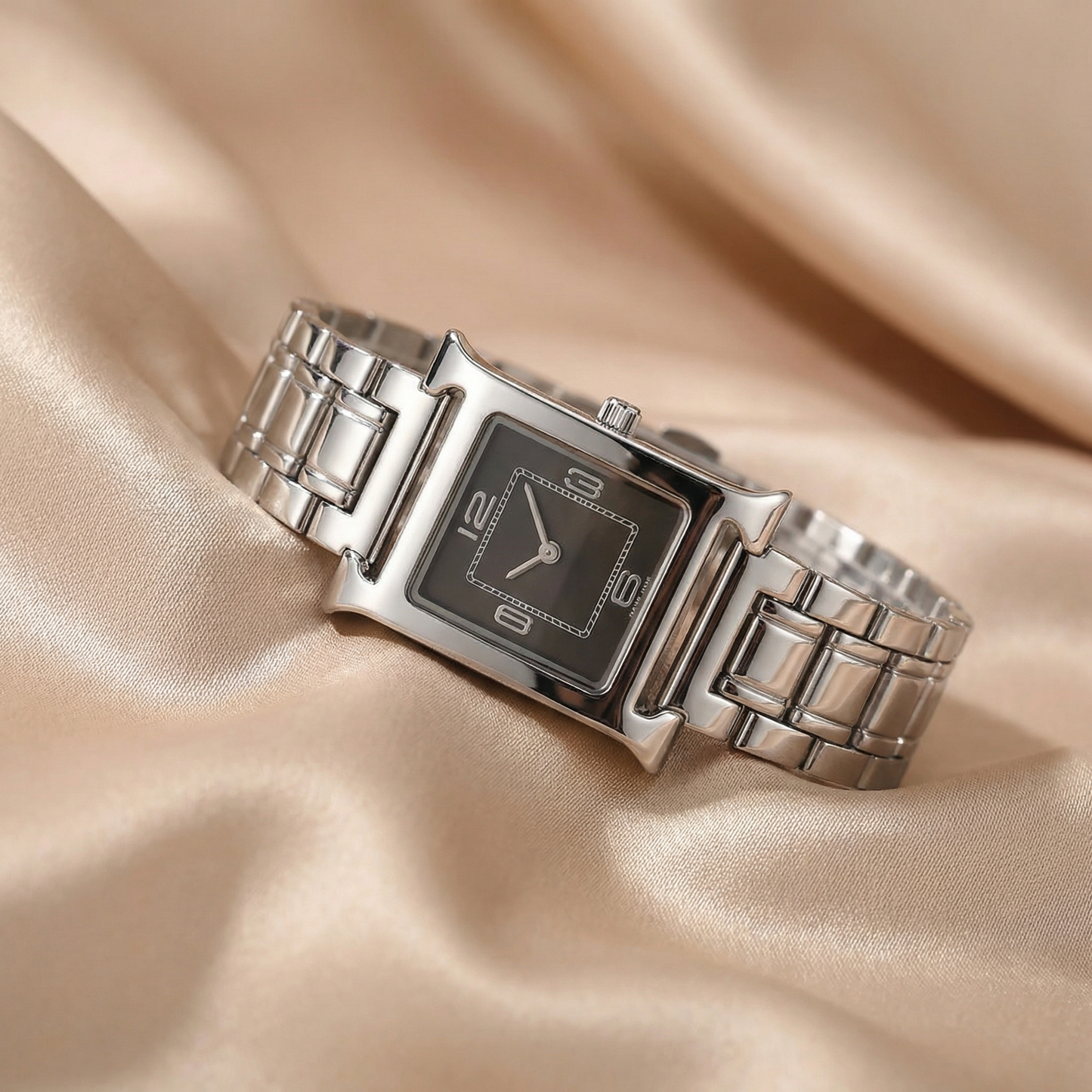 Luxury Square Silver Bracelet Watch with Minimal Dial | Elegant Polished Statement Timepiece in Black & White