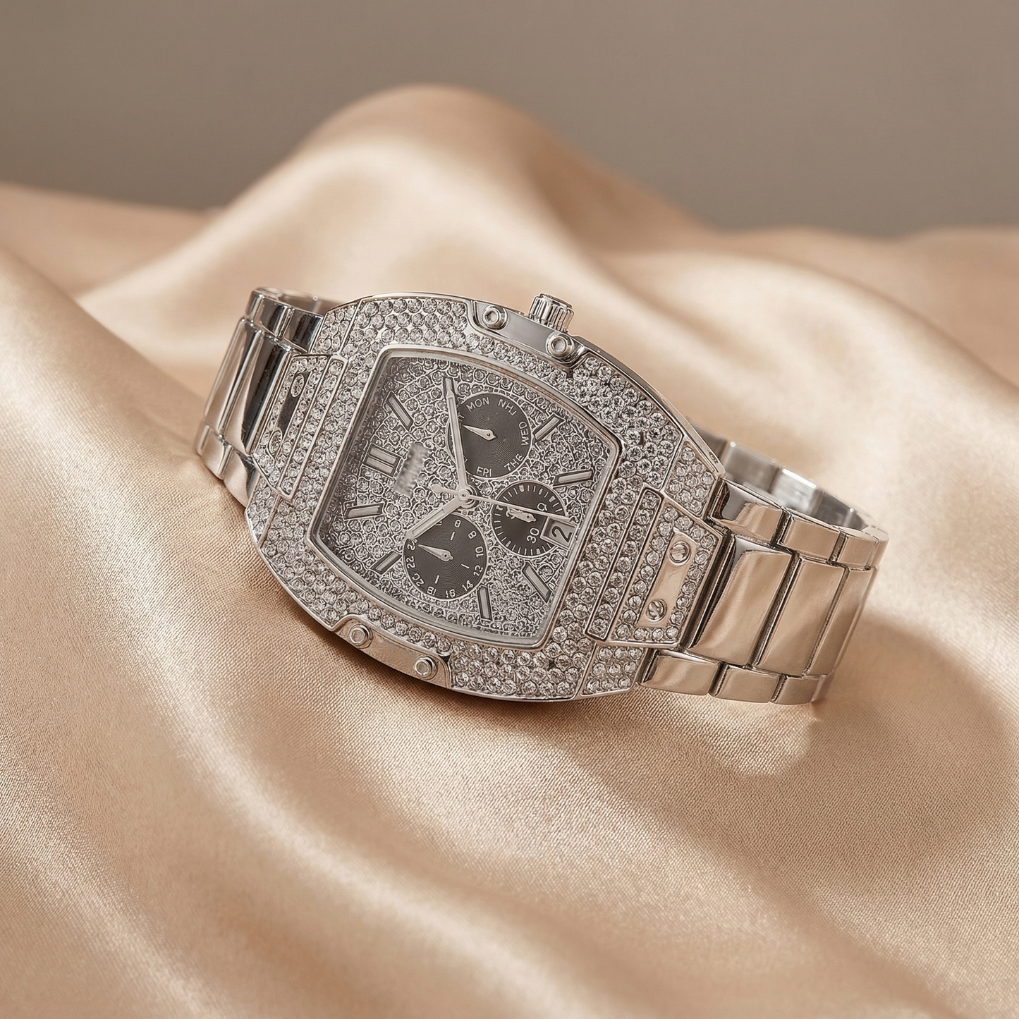 Luxury Diamond Tonneau Skeleton Watch in Gold & Silver | Full Crystal Iced Statement Timepiece