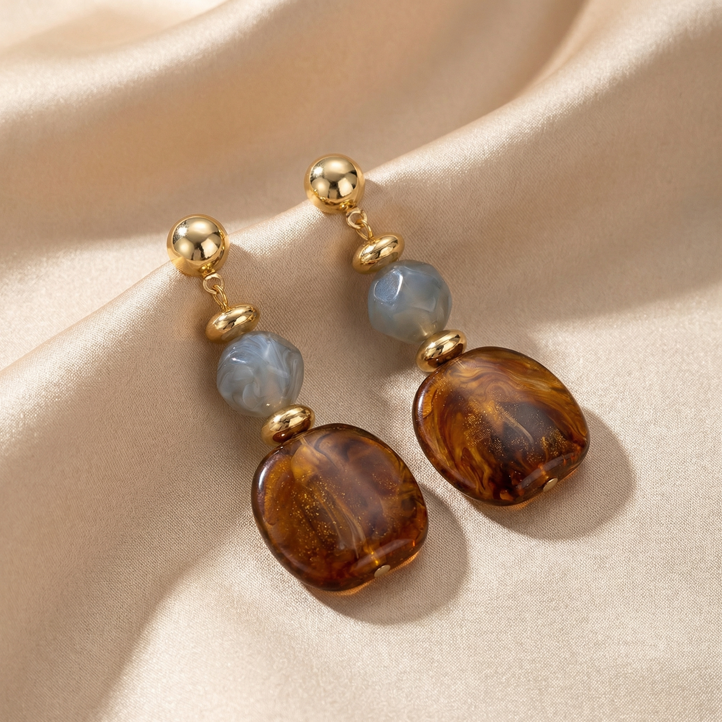 Gold Brown & Green Marble Drop Earrings for Women | Gold Tone Statement Earrings | Resin Bead Dangle Design