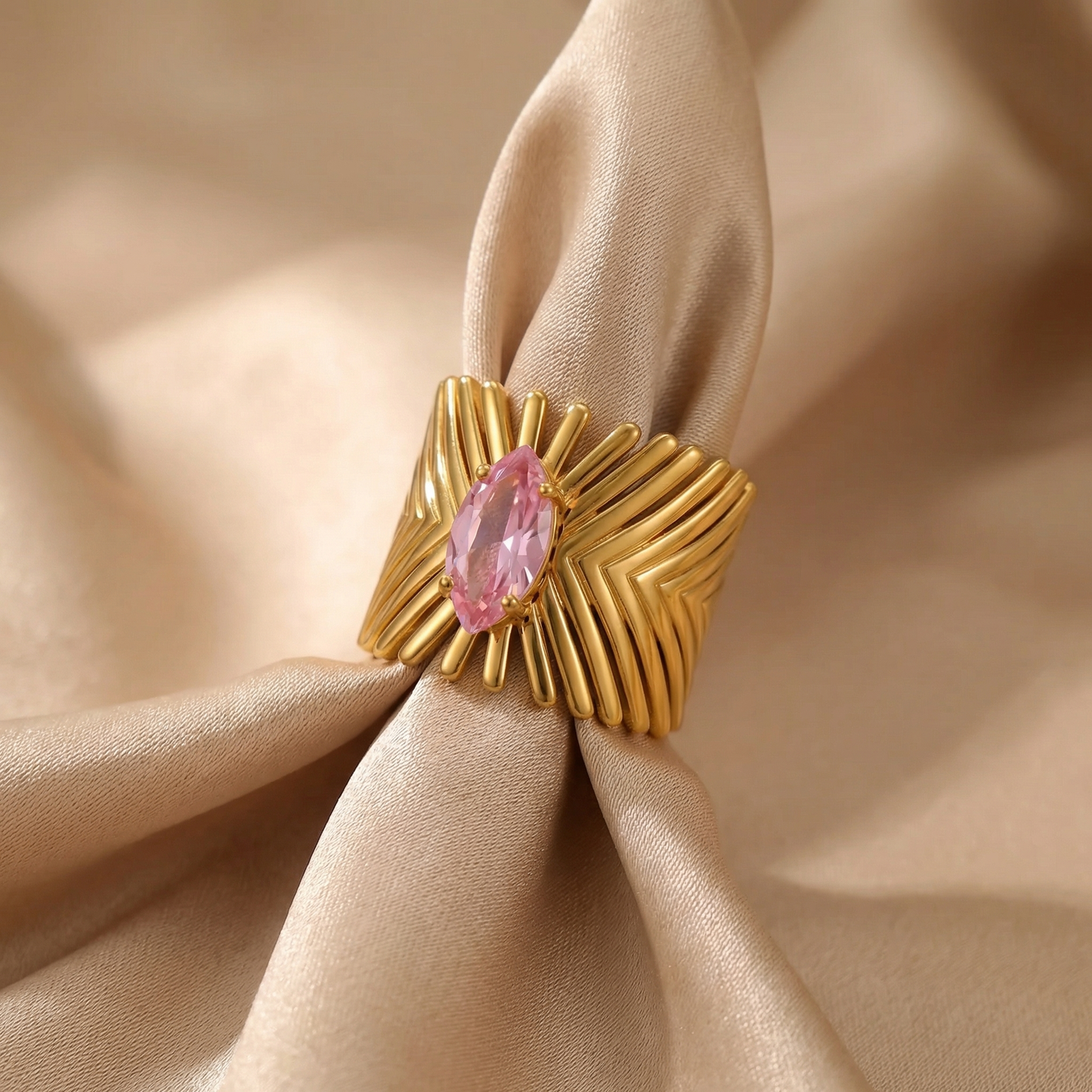 Luxury Sculpted Statement Ring with Pink Crystal | Bold Gold Textured Cocktail Ring