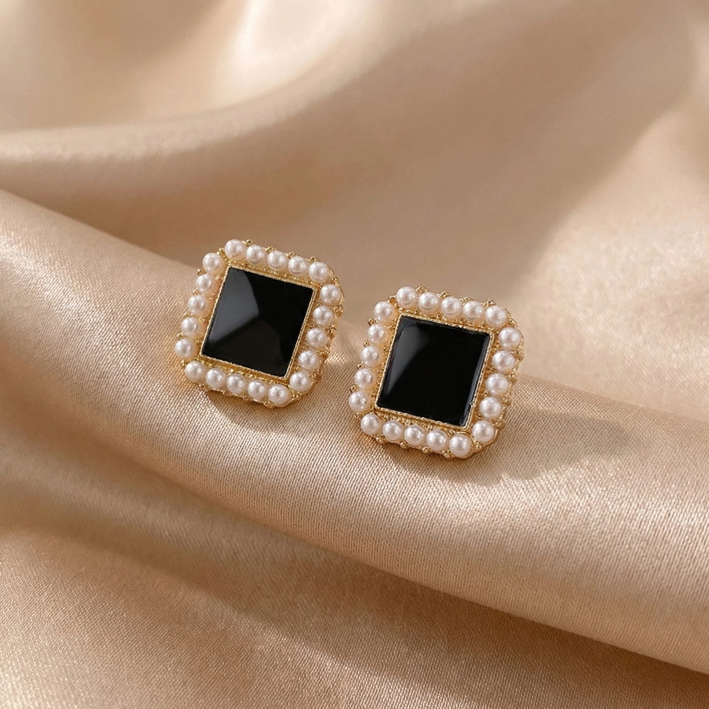 Luxury Black Onyx Pearl Square Stud Earrings in Gold | Elegant Vintage Pearl Frame Statement Jewellery