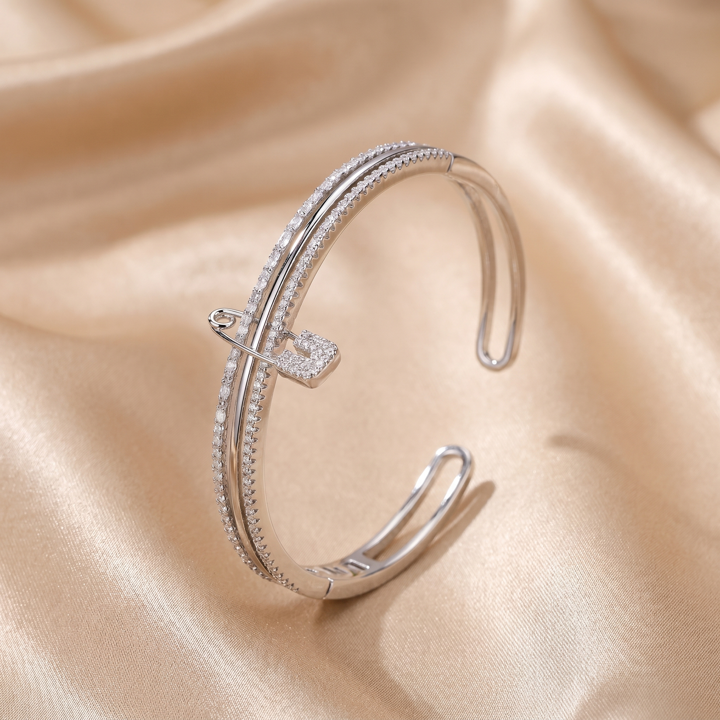 Luxury Crystal Safety Pin Cuff Bracelet in Silver | Elegant Pavé Statement Bangle with Open Design