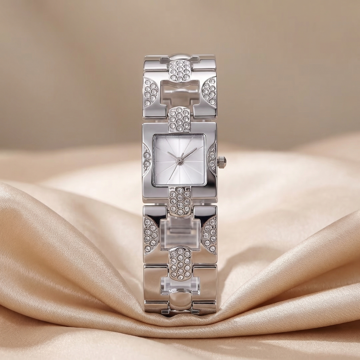 Luxury Square Crystal Link Bracelet Watch with Sunburst Dial | Elegant Geometric Women’s Timepiece in Gold & Silver
