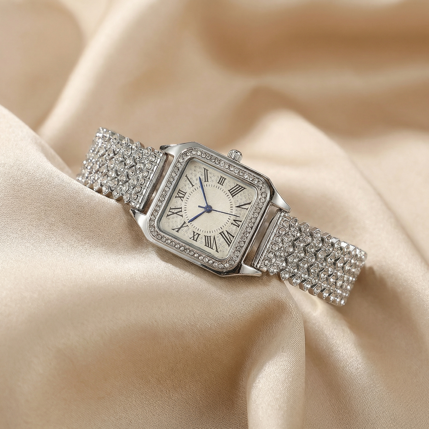Rectangular Crystal Bracelet Watch for Women | Silver & Rose Gold Stainless Steel Watch | Classic Roman Dial | Luxury Crystal Timepiece