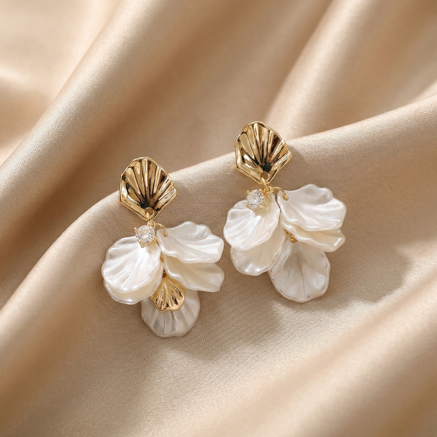 Luxury Floral Shell Drop Earrings in Gold & Pearl White | Elegant Statement Earrings for Spring & Summer Style