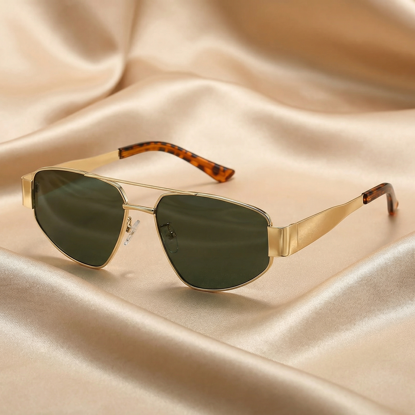 Refined Gold Square Aviator Sunglasses with Brown and Green Lenses | Elegant Metal Frame with Tortoise Detail