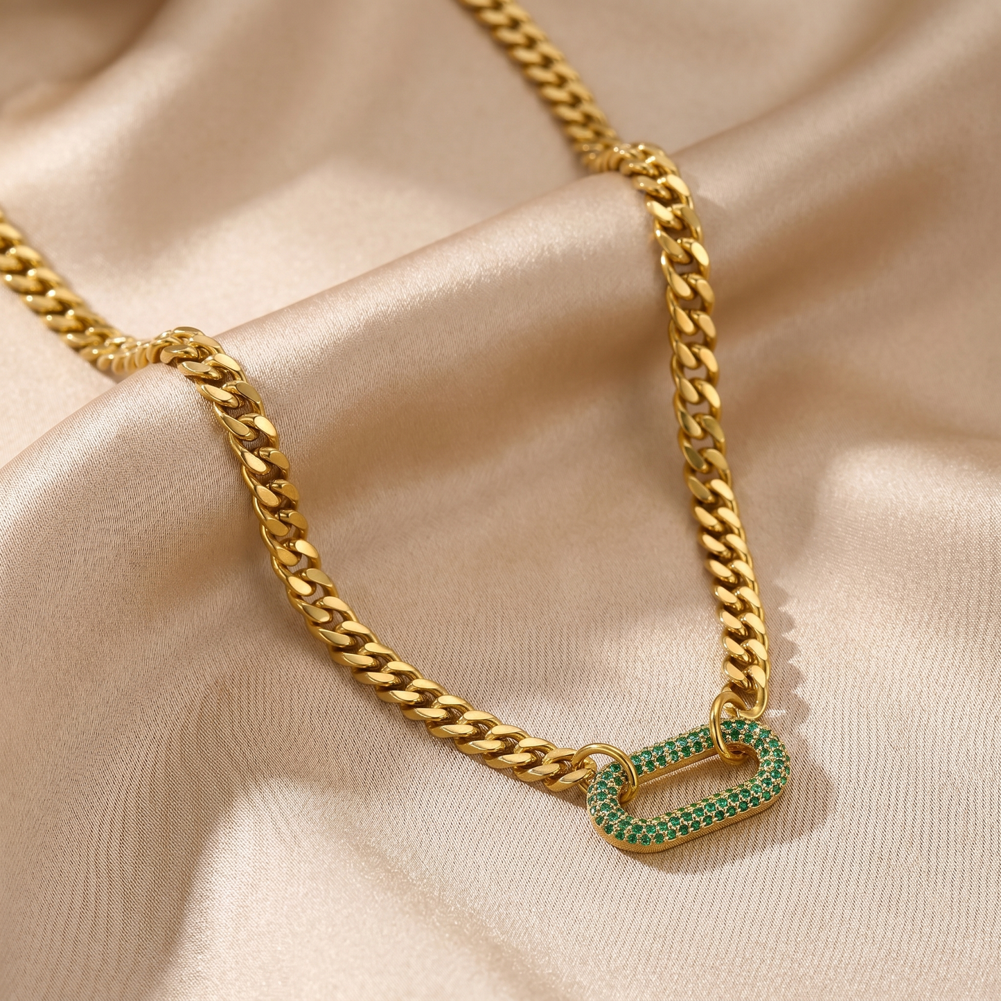 Bold Cuban Chain Necklace with Emerald Crystal Link in Gold | Statement Luxury Design