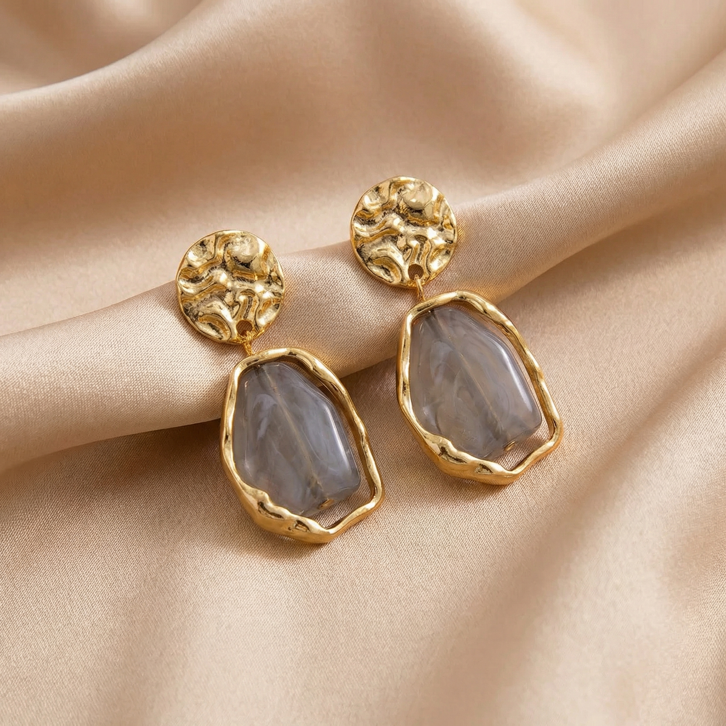 Luxury Textured Gold Drop Earrings with Natural Stone Effect | Statement Marble Resin Dangle Earrings in Brown, Grey & Ivory