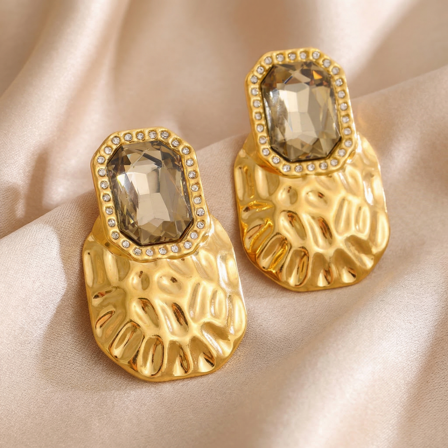 Luxury Geometric Crystal Statement Earrings in Gold | Sculpted Hammered Drop Earrings with Champagne Gemstone