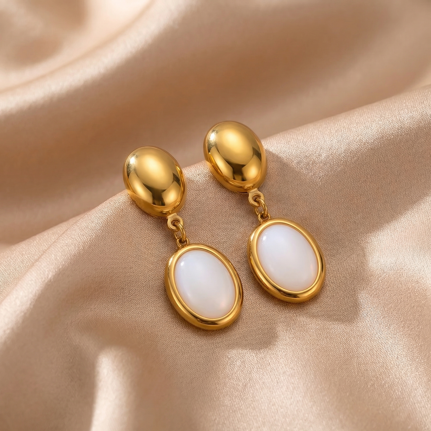 Luxury Oval Opal Drop Earrings in Gold | Elegant Stainless Steel Statement Earrings with Czech Opal