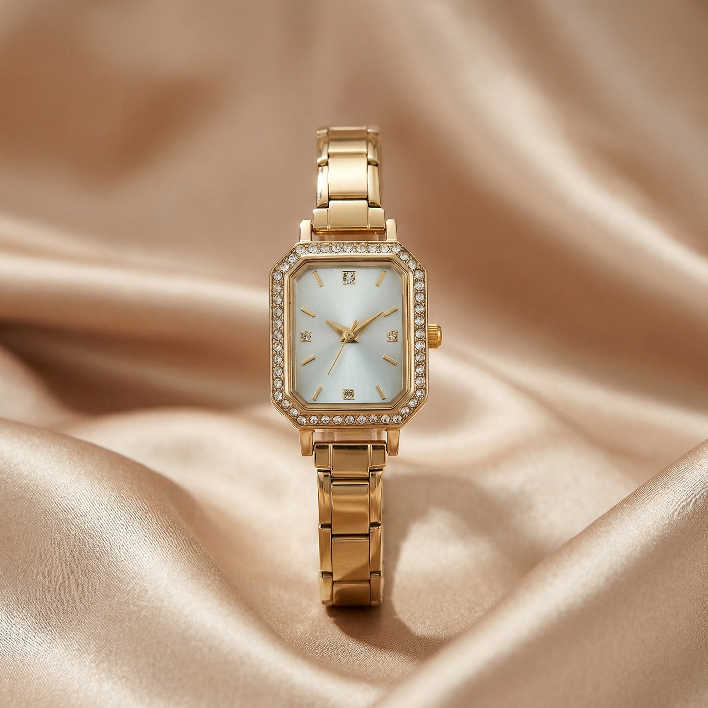 Gold Crystal Rectangle Watch for Women | Gold Stainless Steel Watch | Gold Champagne Black Dial Timepiece