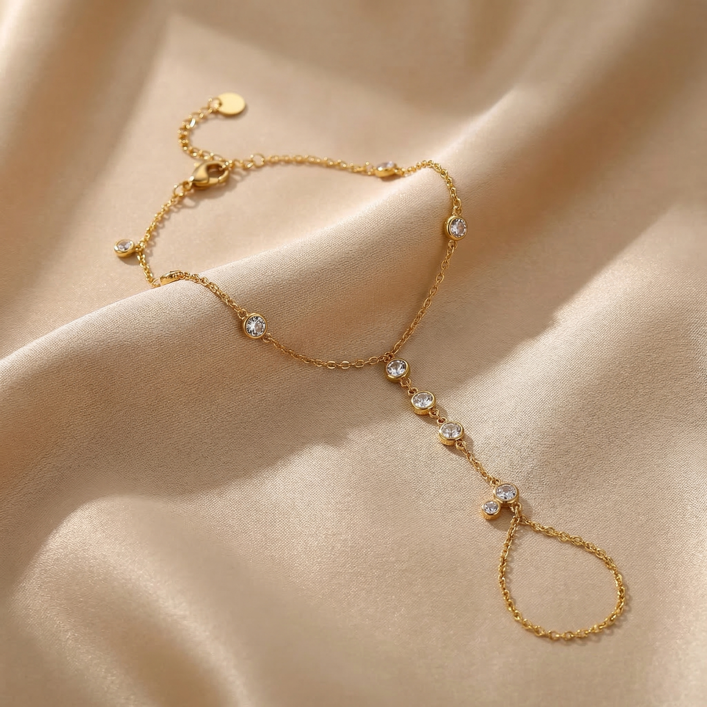 Luxury Gold Hand Chain Bracelet with Zircon Crystals | Elegant Finger Ring Chain Bracelet Jewellery