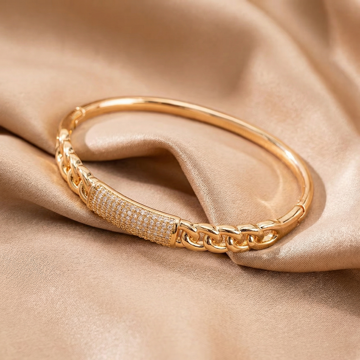 Luxury Pavé Chain Cuff Bracelet in Gold | Bold Statement Bangle with Crystal Detail