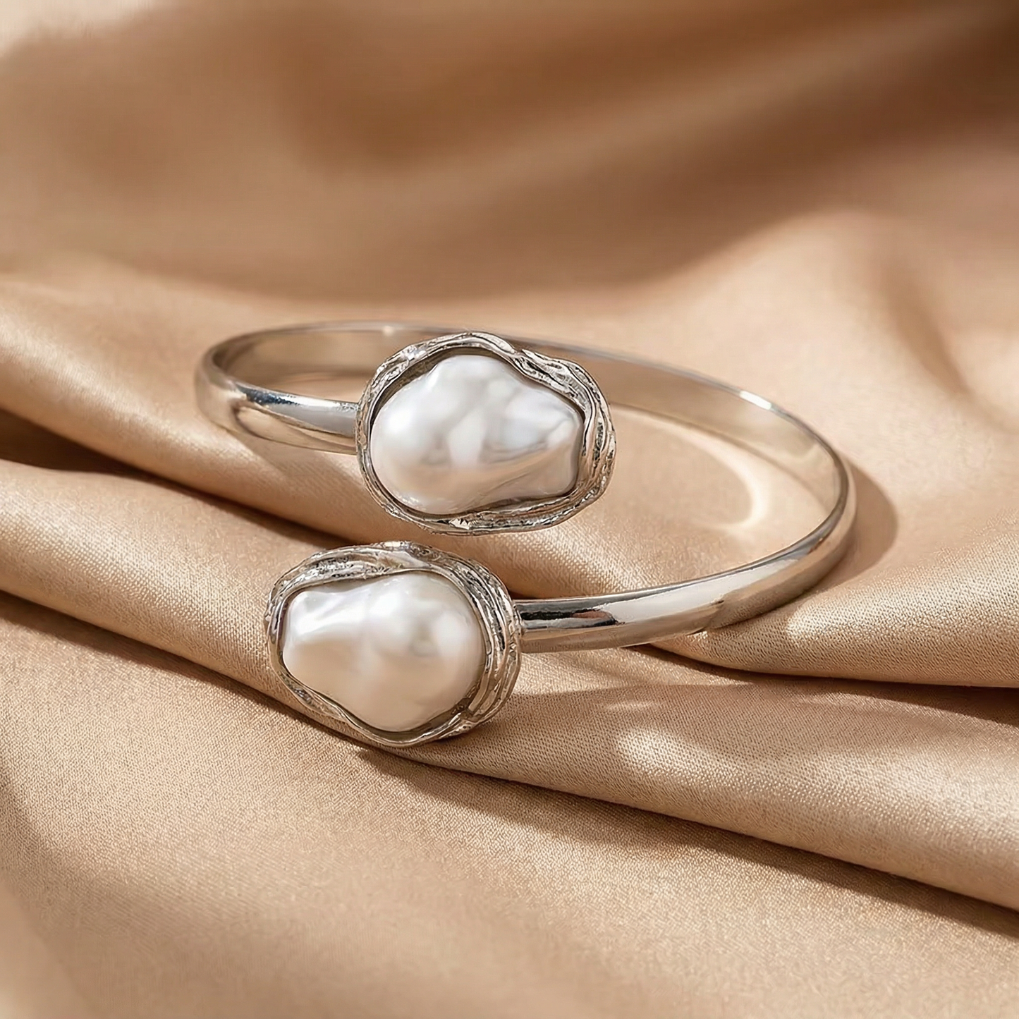 Minimalist Open Pearl Cuff Bracelet in Gold & Silver | Elegant Statement Design