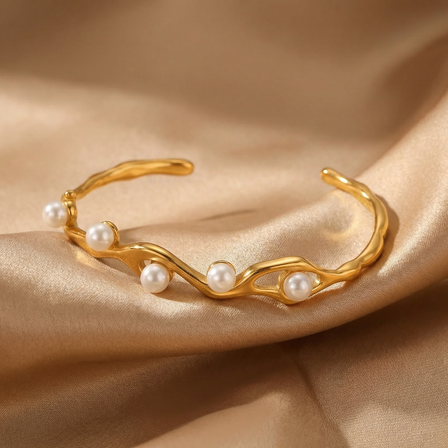 Luxury Organic Pearl Cuff Bracelet in Gold | Sculptural Open Bangle with Elegant Pearl Accents