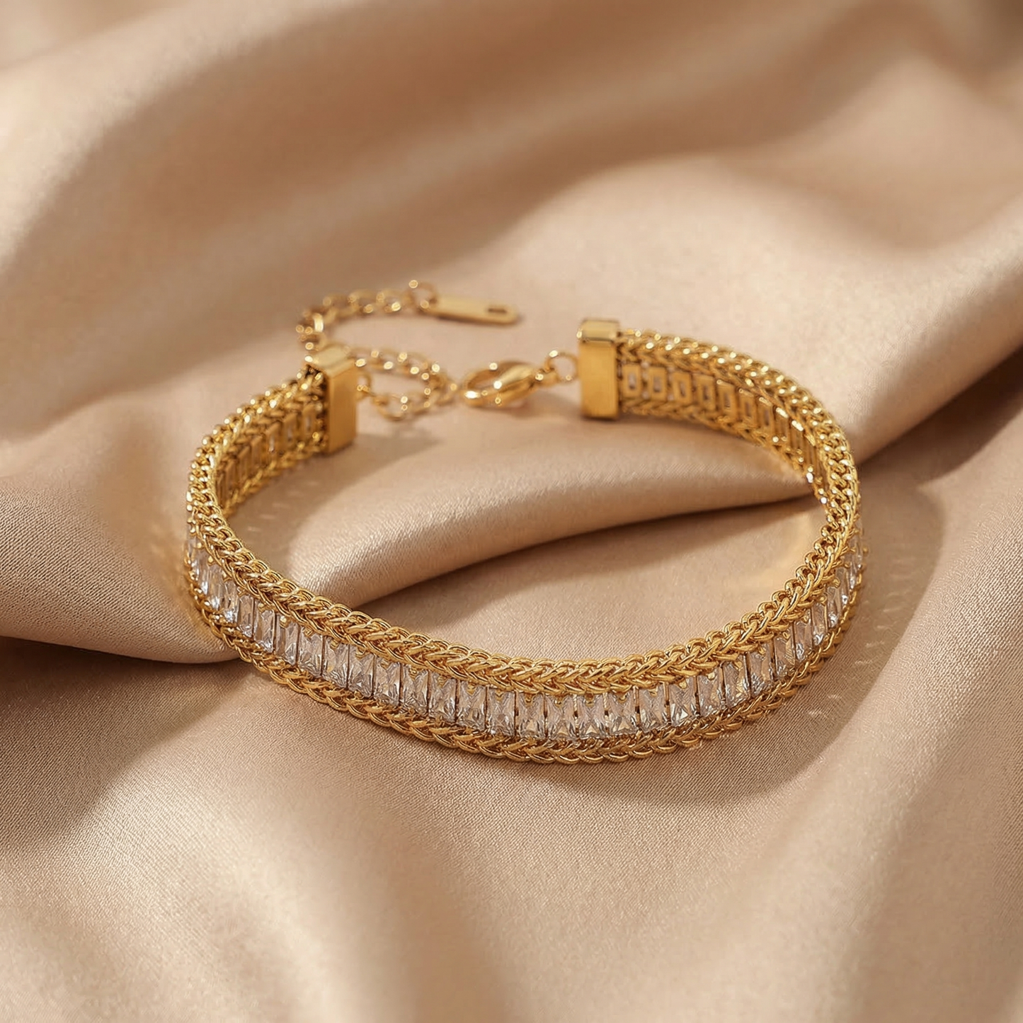 Luxury Baguette Crystal Gold Bracelet | Elegant Layered Chain Statement Jewellery