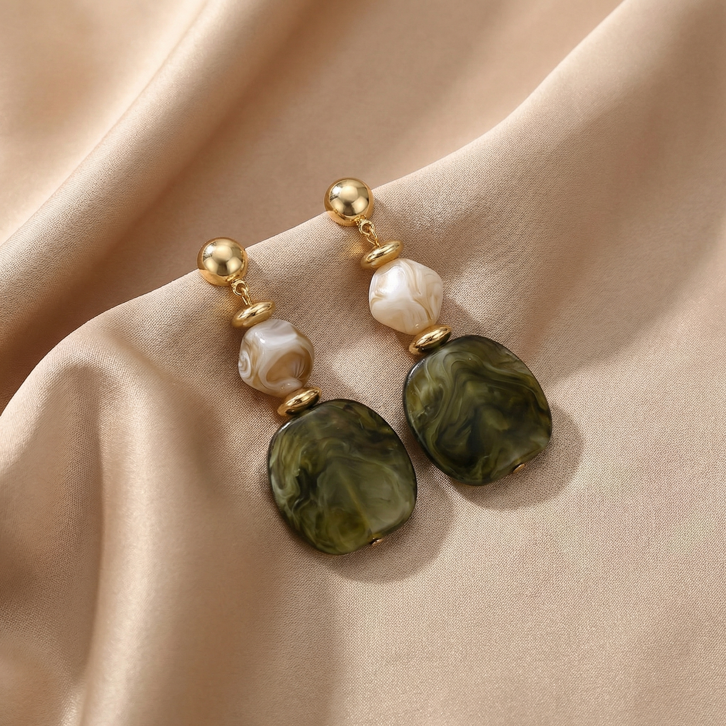 Gold Brown & Green Marble Drop Earrings for Women | Gold Tone Statement Earrings | Resin Bead Dangle Design