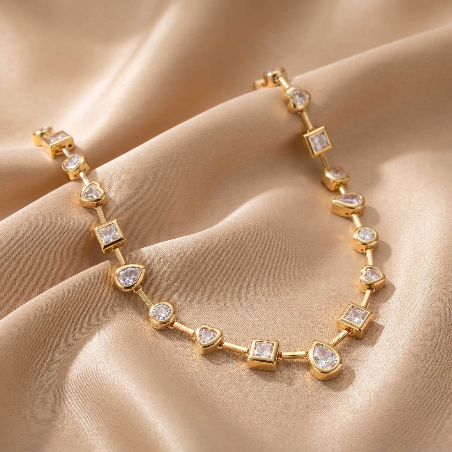 Geometric Crystal Necklace in Gold | Elegant Mixed-Cut Design