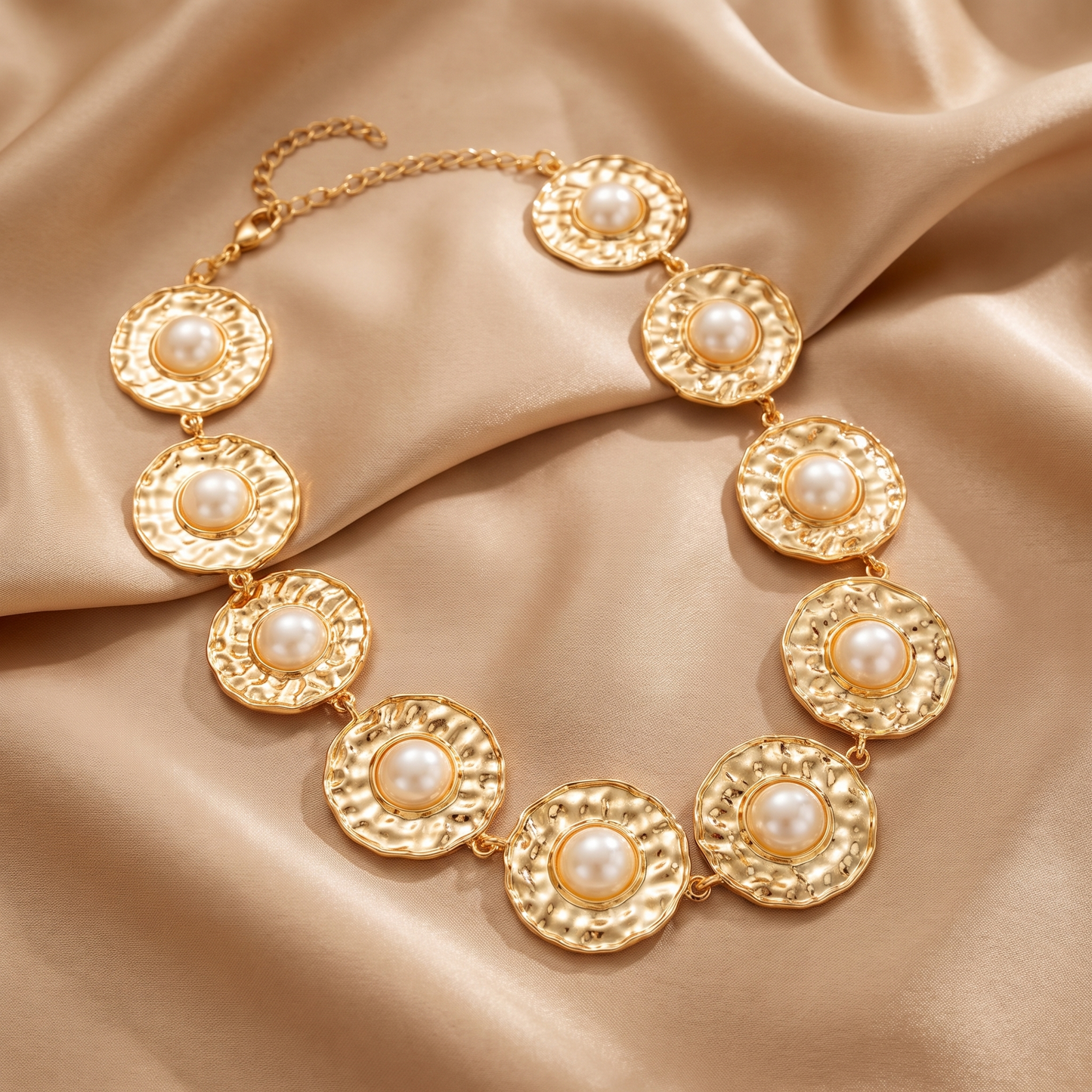 Vintage Pearl Disc Necklace in Gold | Textured Statement Design