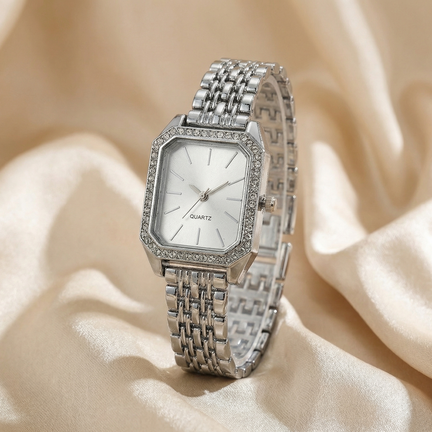 Luxury Silver Quartz Watch with Crystal Bezel | Elegant Stainless Steel Ladies Watch | Rectangular Dial