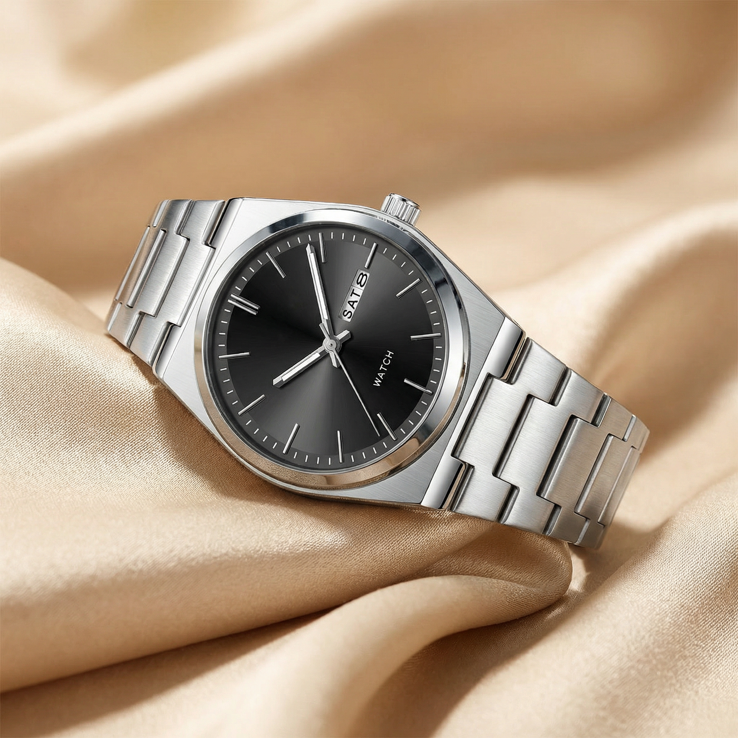 Luxury Stainless Steel Day-Date Watch in Silver | Classic Minimalist Quartz Timepiece with Steel Bracelet