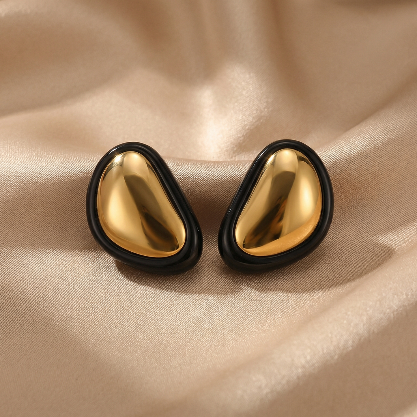 Luxury Irregular Gold Statement Stud Earrings with Black Frame | Modern Stainless Steel Designer Earrings