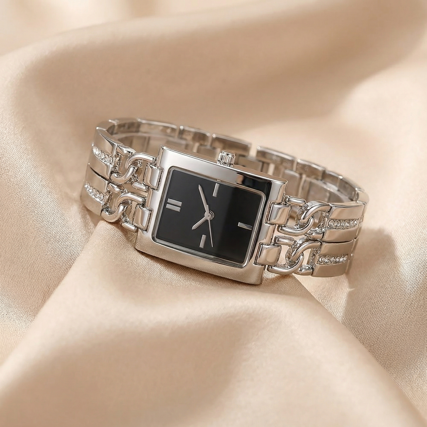 Luxury Silver Rectangular Bracelet Watch with Crystal-Link Design | Elegant Polished Statement Watch in Black & Silver