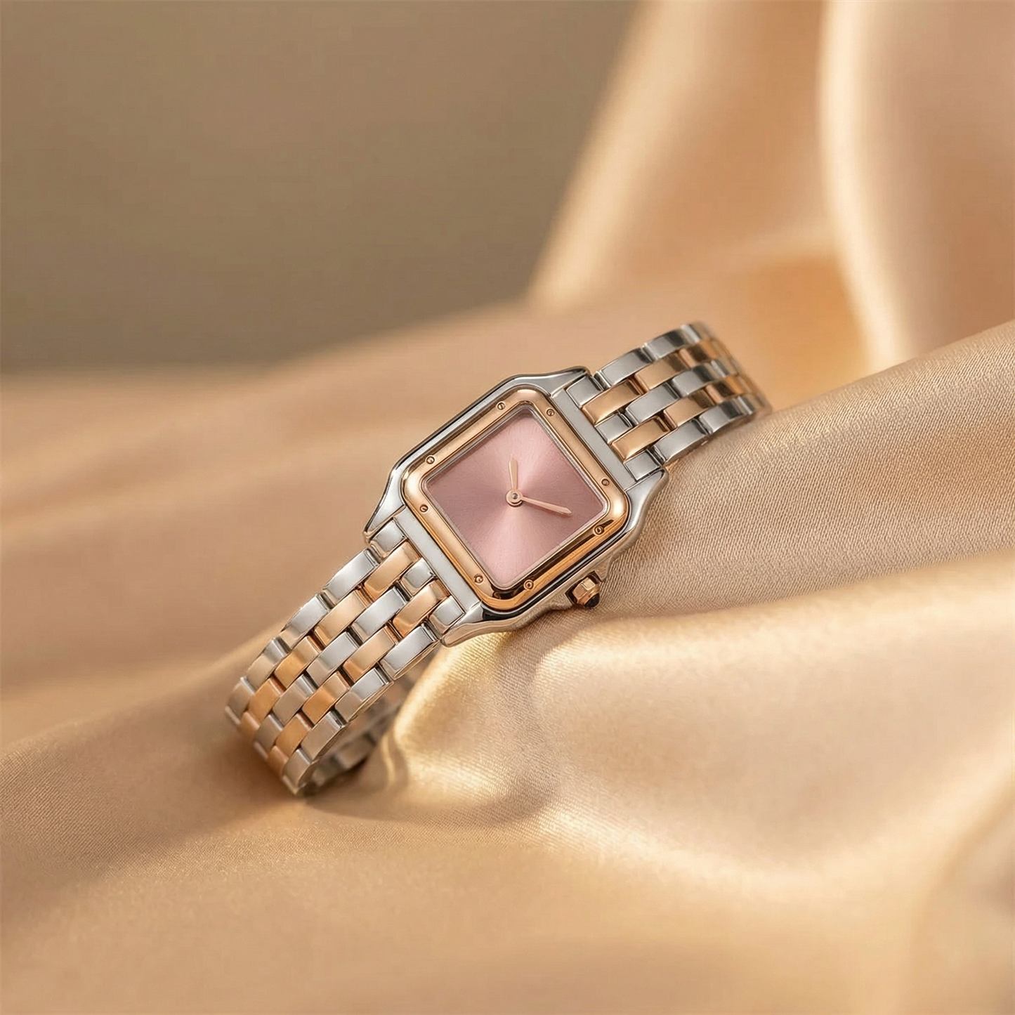 Luxury Square Two-Tone Women’s Bracelet Watch with Sunburst Dial | Elegant Silver & Gold Dress Watch in Black, Rose & Champagne