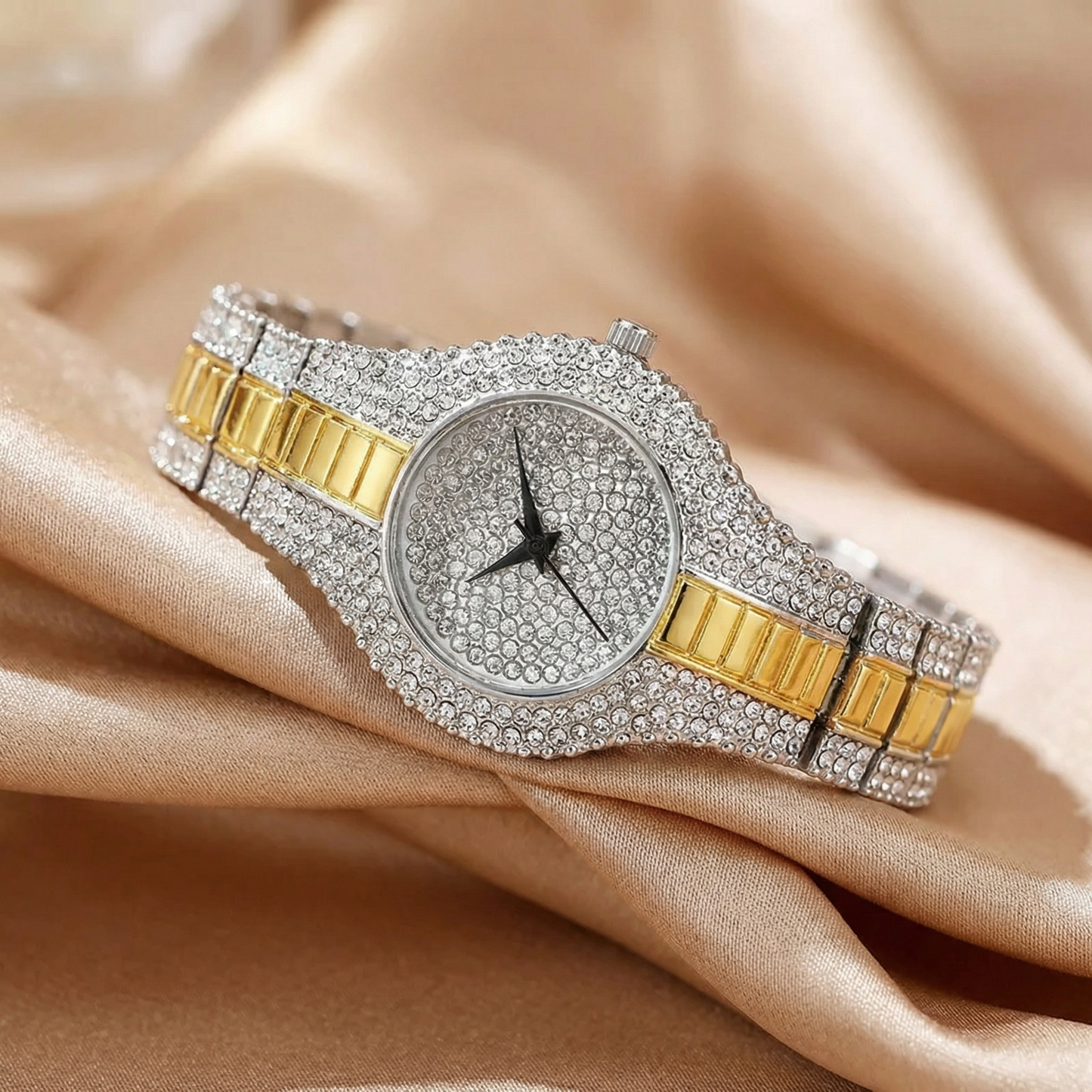 Luxury Crystal Two-Tone Bracelet Watch with Full Pavé Dial | Gold & Silver Diamond-Style Statement Timepiece for Women