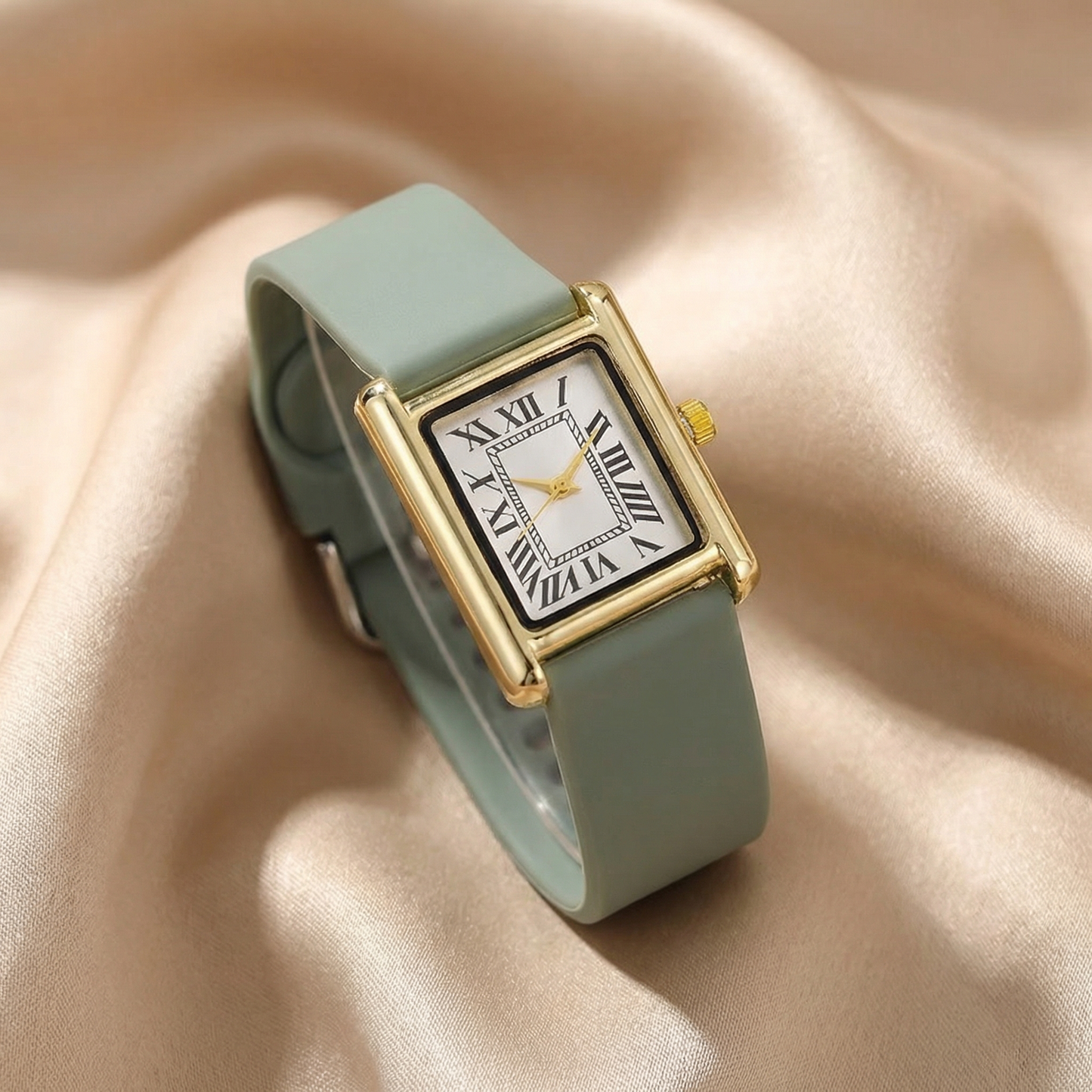 Rectangular Gold Case Watch with Silicone Strap | Roman Numeral Dial Quartz Watch | Minimal Elegant Everyday Timepiece