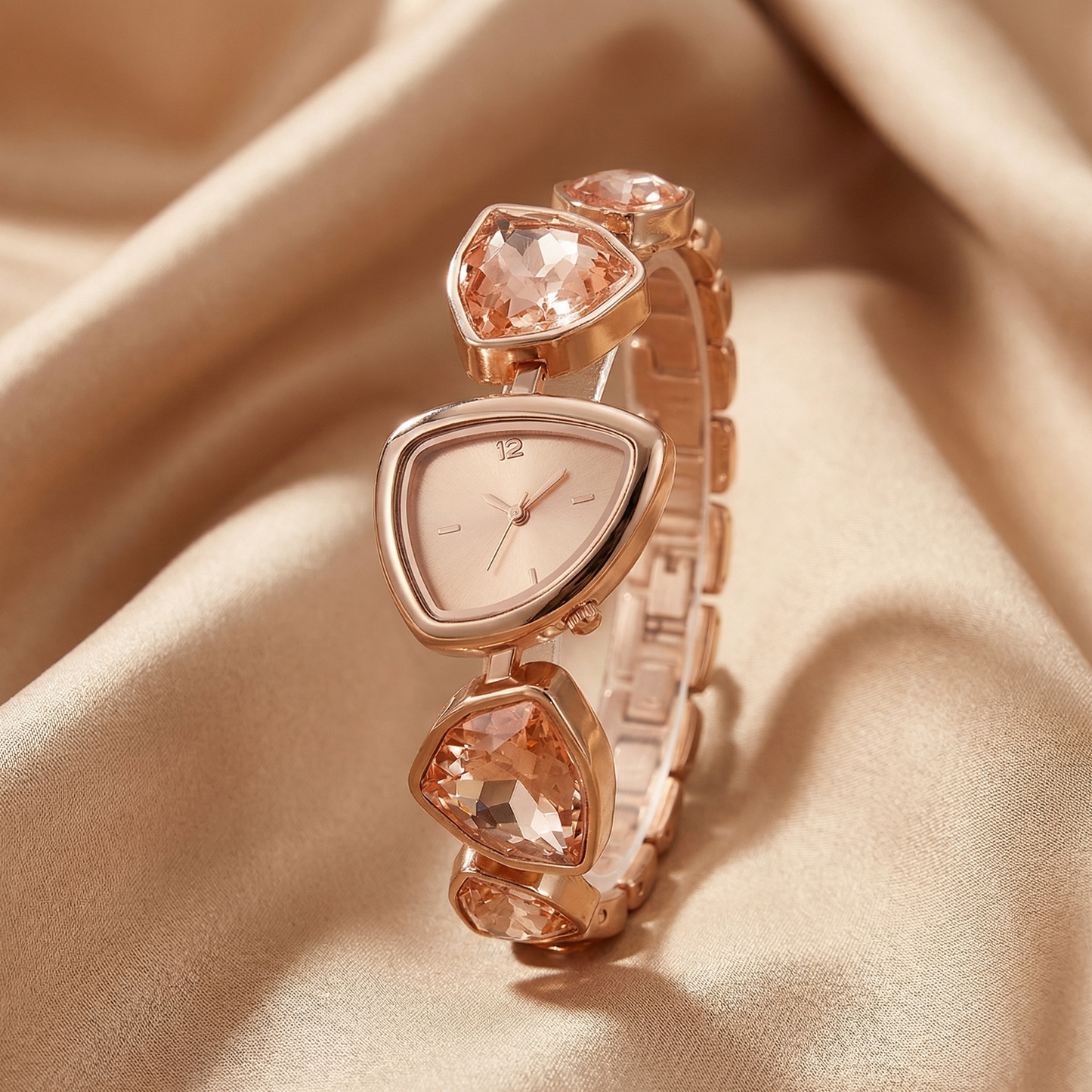 Luxury Triangle Gemstone Watch in Rose Gold | Elegant Statement Timepiece with Red & Champagne Crystals