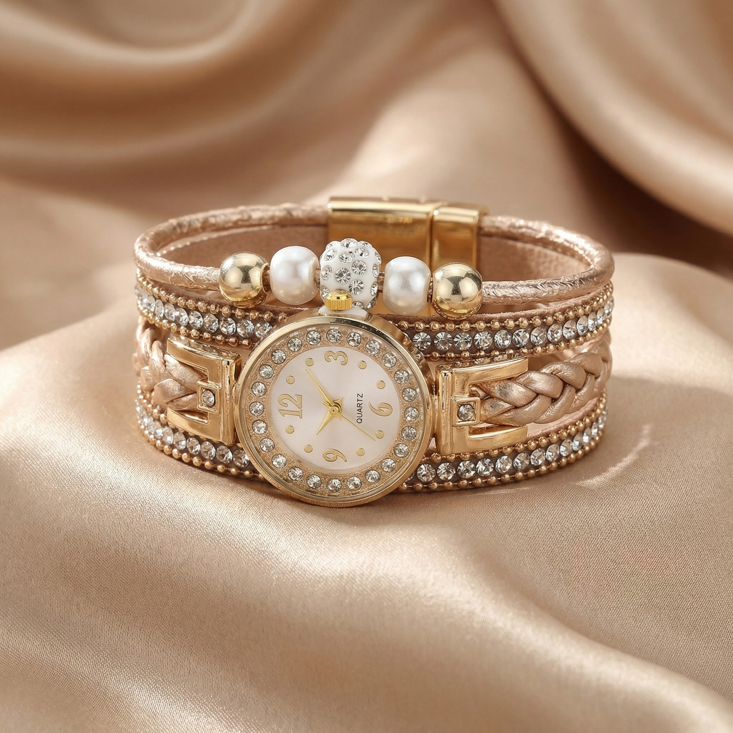 Luxury Crystal Wrap Bracelet Watch in Gold with Beige, White & Black Accents | Elegant Multi-Layer Timepiece