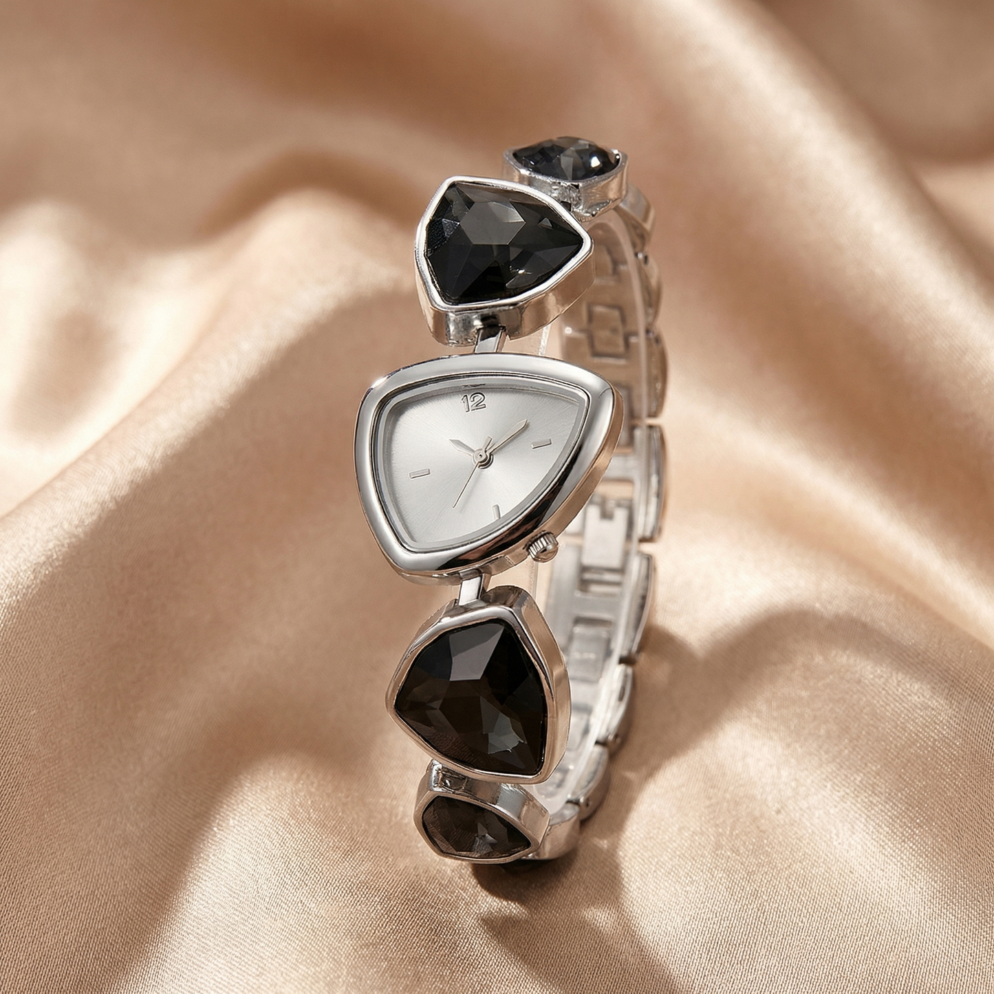 Luxury Geometric Gemstone Watch in Silver | Modern Triangle Dial with Blue, Champagne, Crystal & Black Stones