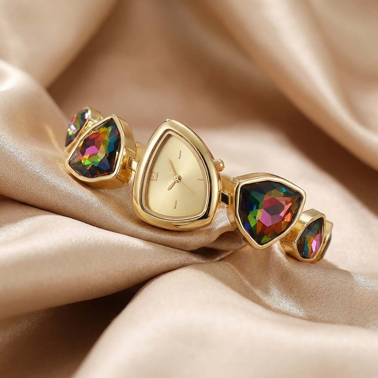 Luxury Geometric Gemstone Watch in Gold | Statement Triangle Dial with Emerald & Multicolor Crystals