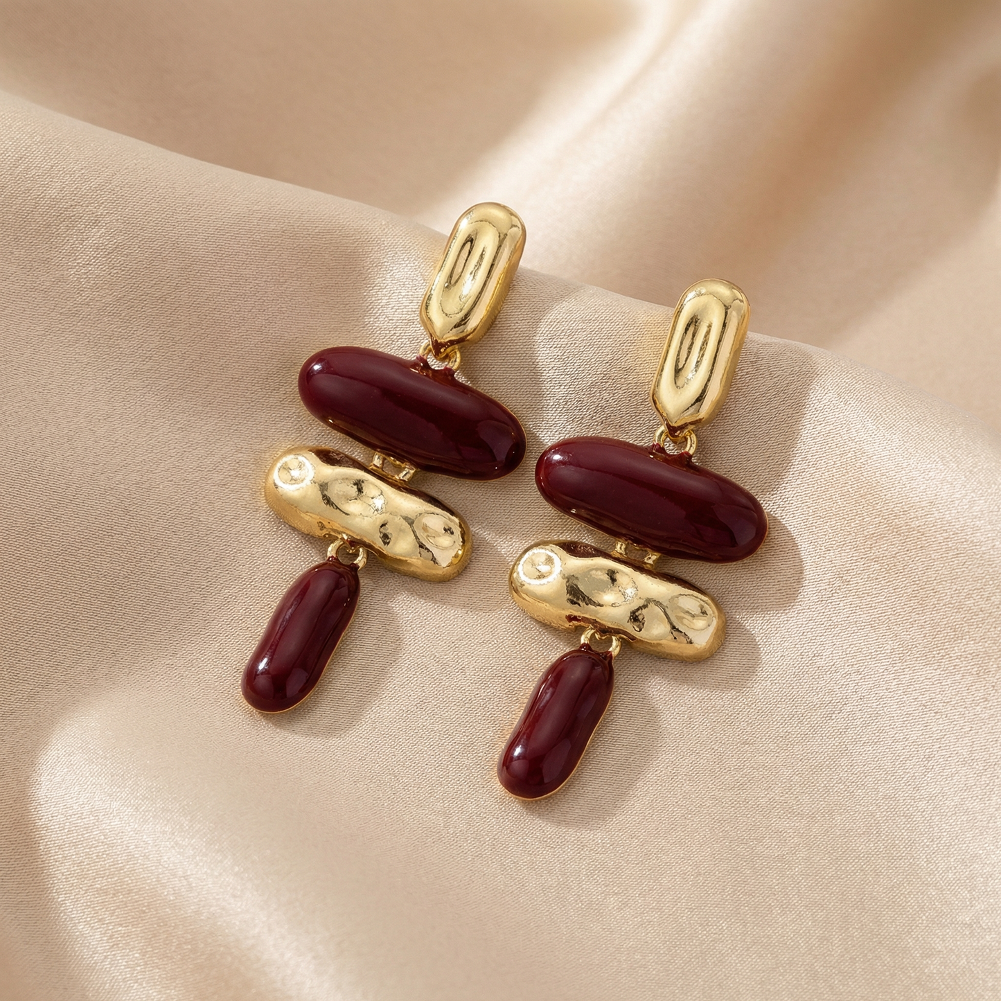 Brown & Bordeaux Red Gold Dangle Earrings for Women | Statement Drop Earrings | Textured Metal Design