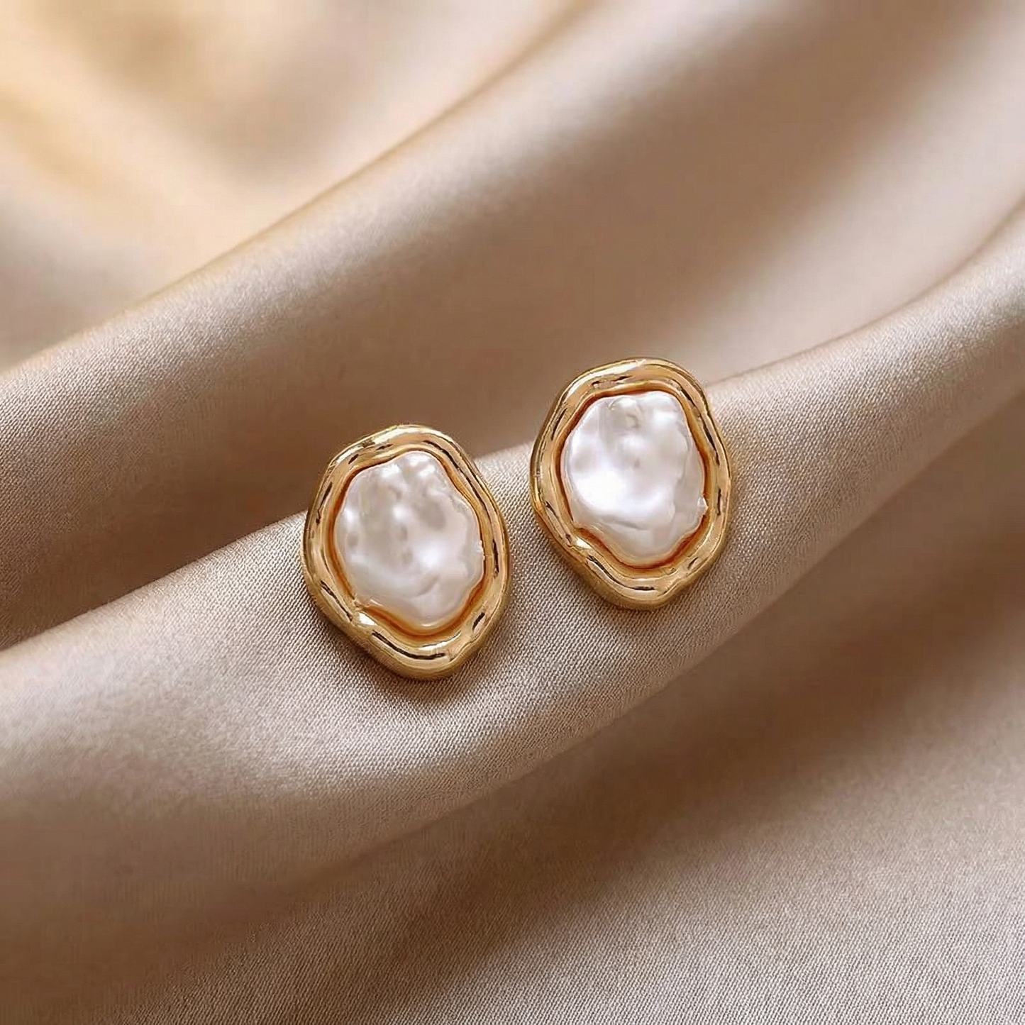 Organic Pearl Stud Earrings with Gold Frame | Modern Sculpted Statement Jewelry