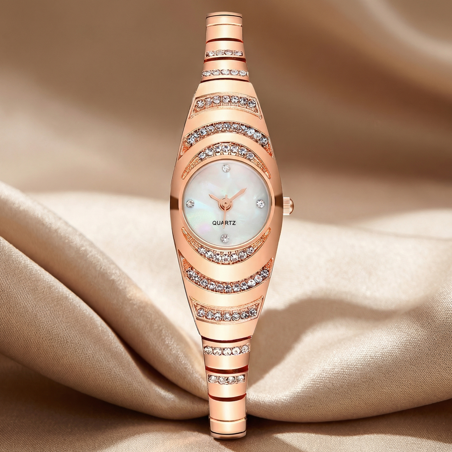 Elegant Crystal Oval Watch with Mother-of-Pearl Dial | Gold Rose Gold & Silver Quartz Bracelet Watch | Luxury Statement Timepiece
