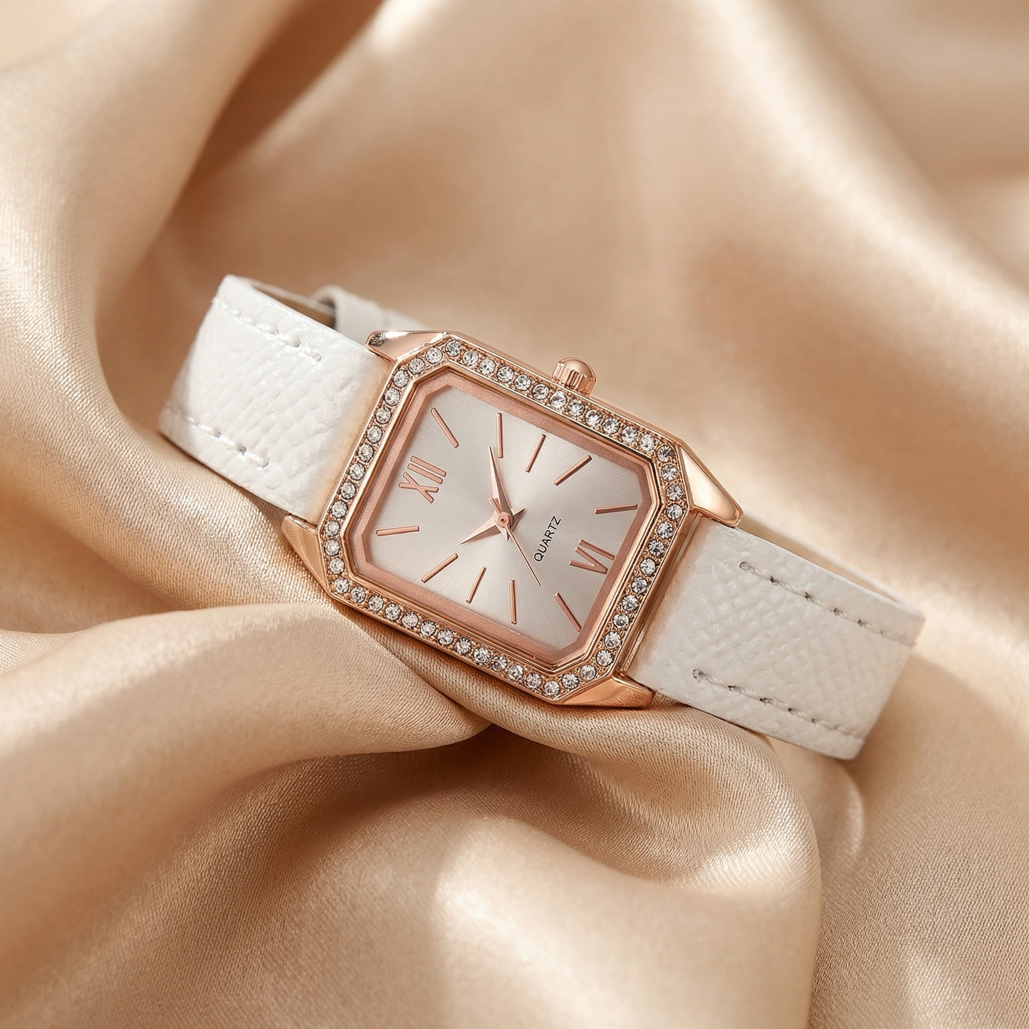 Rose Gold Rectangular Crystal Watch for Women | Rose Gold Case | White Pink Black Strap Options | Crystal Bezel Timepiece