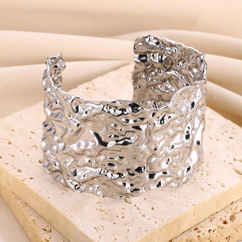 Gold & Silver Textured Cuff Bracelet | Stainless Steel Wide Statement Bangle | Modern Women’s Fashion Jewellery