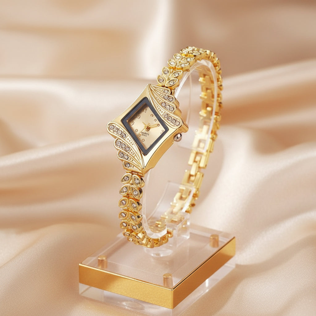 Luxury Rhinestone Square Bracelet Watch | Gold & Silver Women’s Elegant Timepiece | Sparkling Stainless Steel Wristwatch
