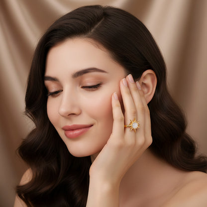 Gold Adjustable Sun Ring | Stainless Steel Women’s Ring | Open Band Celestial Ring | One Size Fits All