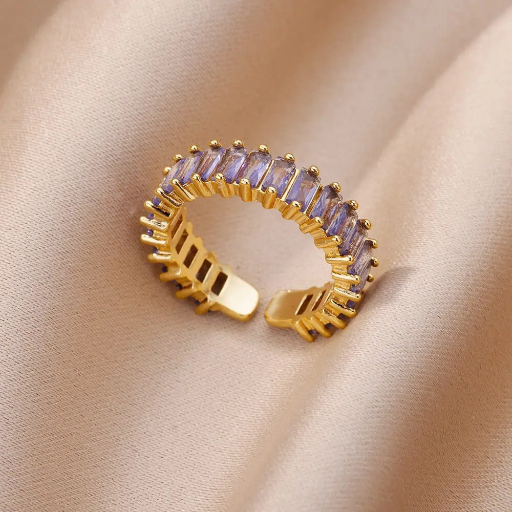 Gold Adjustable Baguette Ring | Stainless Steel Open Band | Women’s Sparkling Fashion Ring | One Size Fits All
