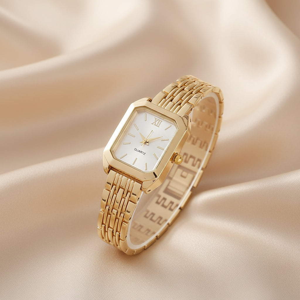 Gold Square Watch for Women | Stainless Steel Bracelet Watch | White & Pink Dial Options | Modern Fashion Timepiece
