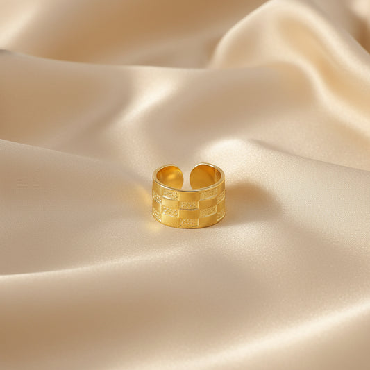Gold Adjustable Checker Ring | Stainless Steel Open Band | Women’s Modern Pattern Ring | One Size Fits All