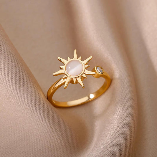Gold Adjustable Sun Ring | Stainless Steel Women’s Ring | Open Band Celestial Ring | One Size Fits All