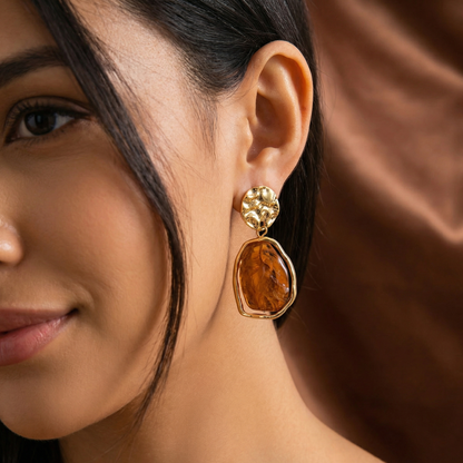 Luxury Textured Gold Drop Earrings with Natural Stone Effect | Statement Marble Resin Dangle Earrings in Brown, Grey & Ivory