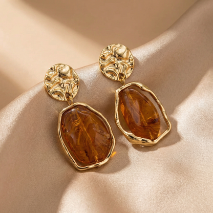 Luxury Textured Gold Drop Earrings with Natural Stone Effect | Statement Marble Resin Dangle Earrings in Brown, Grey & Ivory