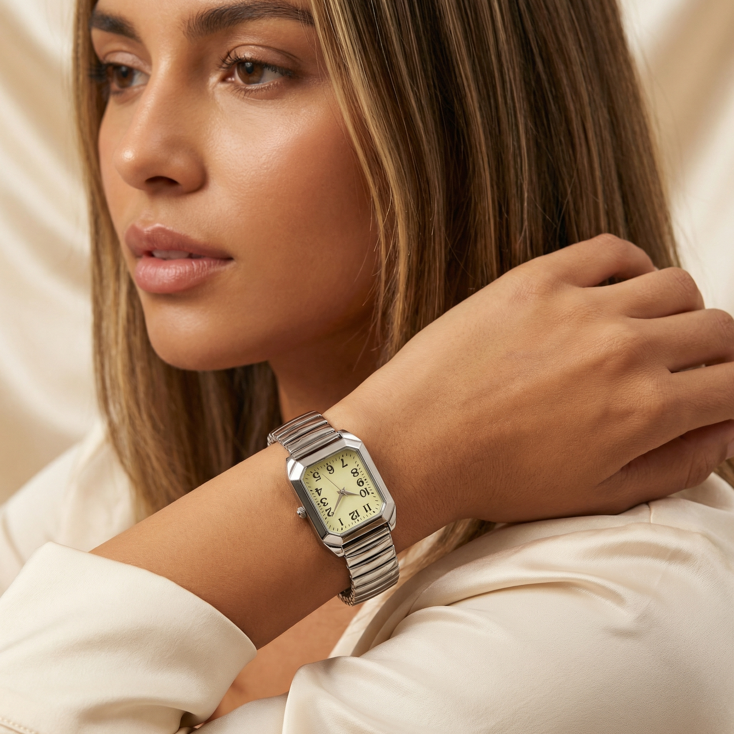 Gold Silver Vintage Rectangular Stretch Watch for Women | Stainless Steel Quartz Watch | Classic Retro Dial