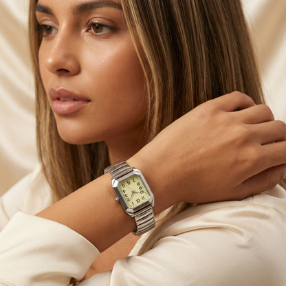Gold Silver Vintage Rectangular Stretch Watch for Women | Stainless Steel Quartz Watch | Classic Retro Dial