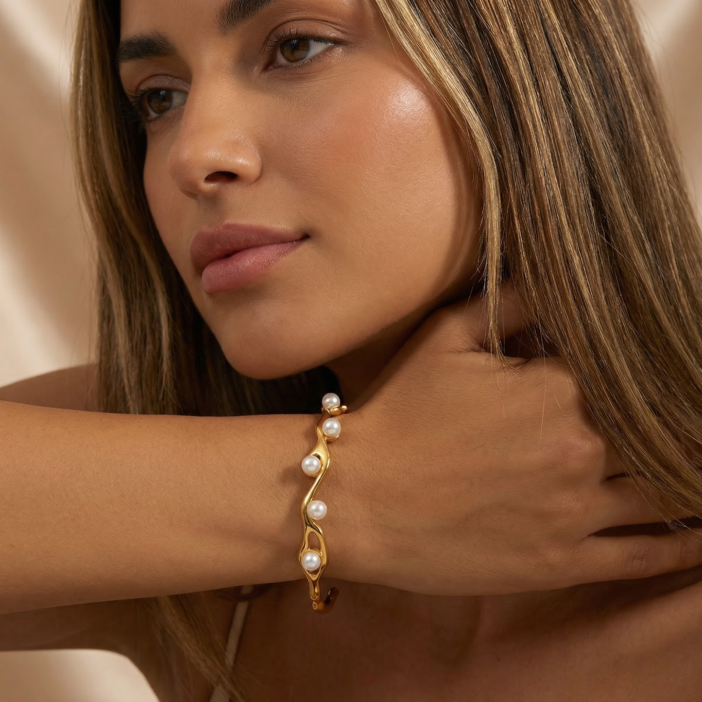 Luxury Organic Pearl Cuff Bracelet in Gold | Sculptural Open Bangle with Elegant Pearl Accents